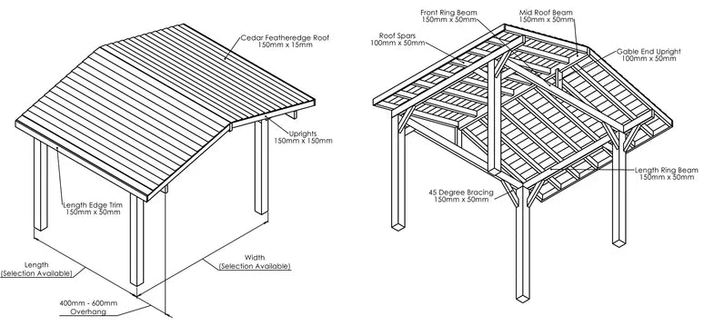 Wooden Apex Gazebo with Cedar Featheredge Roof – With Overhang Design