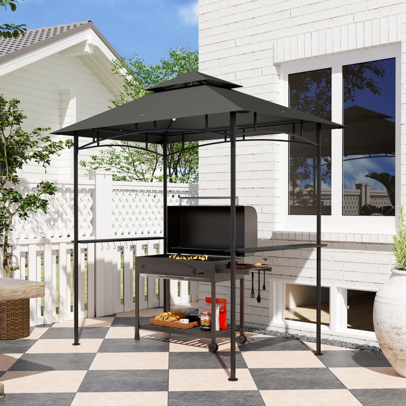 8' x 5' Dark Grey Double Tiered BBQ Grill Gazebo Canopy with LED Lights, 2 Side Shelves and Hooks