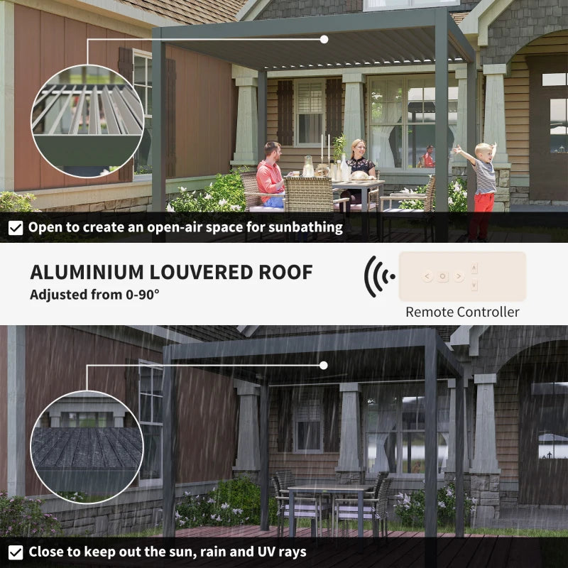 3m x 3m Electric Louvered Aluminium Pergola – Remote Control Roof, Built-In LED Lights, Integrated Drainage, UV & Water Resistant Hardtop Gazebo