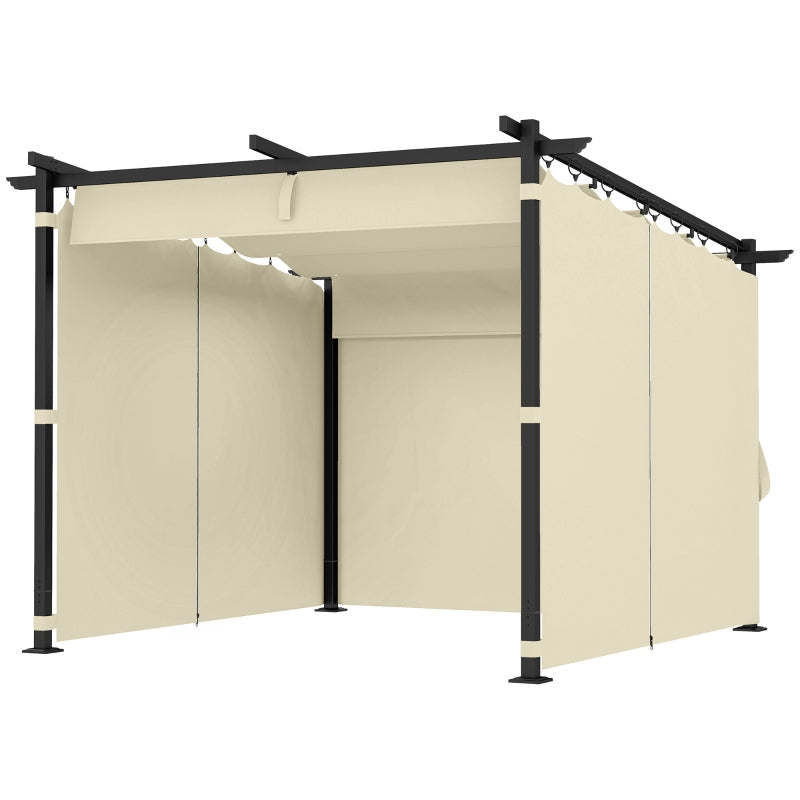 3m x 3m Retractable Roof Pergola – Beige Canopy with Curtains, Outdoor Patio Shade Shelter