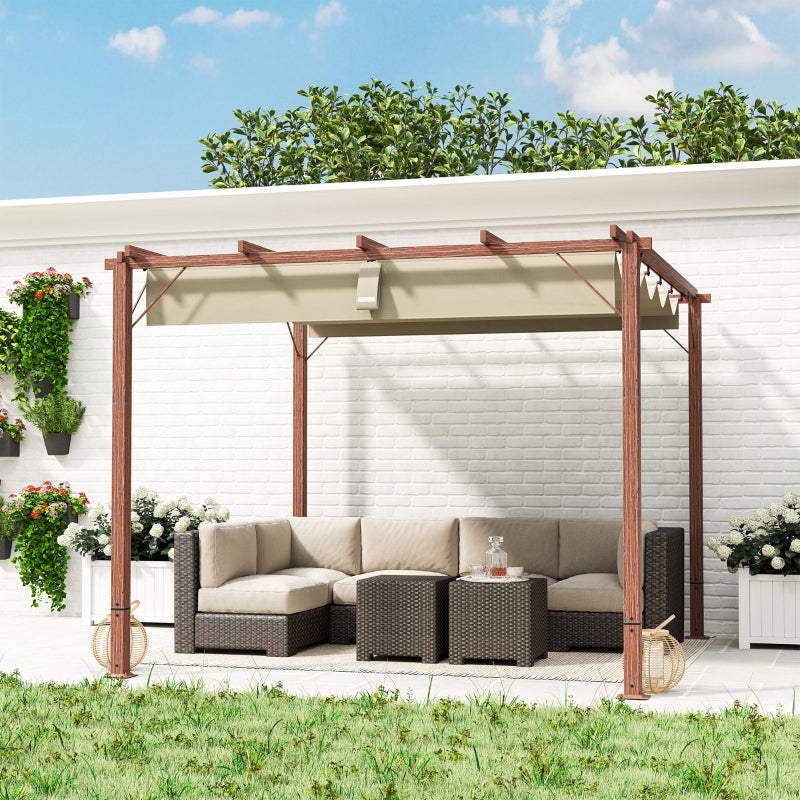 3m x 3m Retractable Roof Pergola – Natural Wood Effect Finish, Outdoor Garden Shade Canopy Shelter