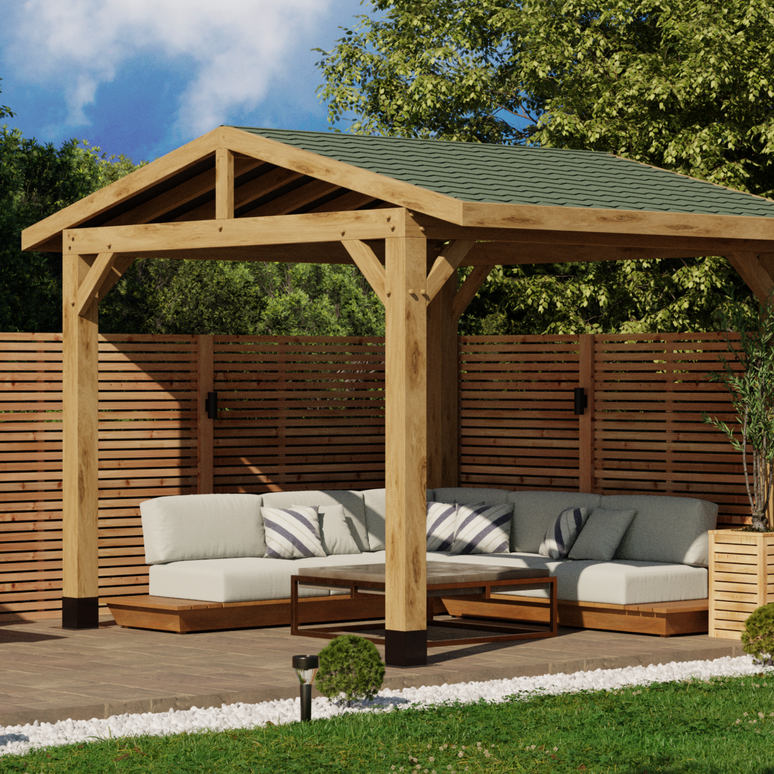 Oak Wooden Gazebo - Katepal Green Shingle Roof - Apex Design - No Overhang