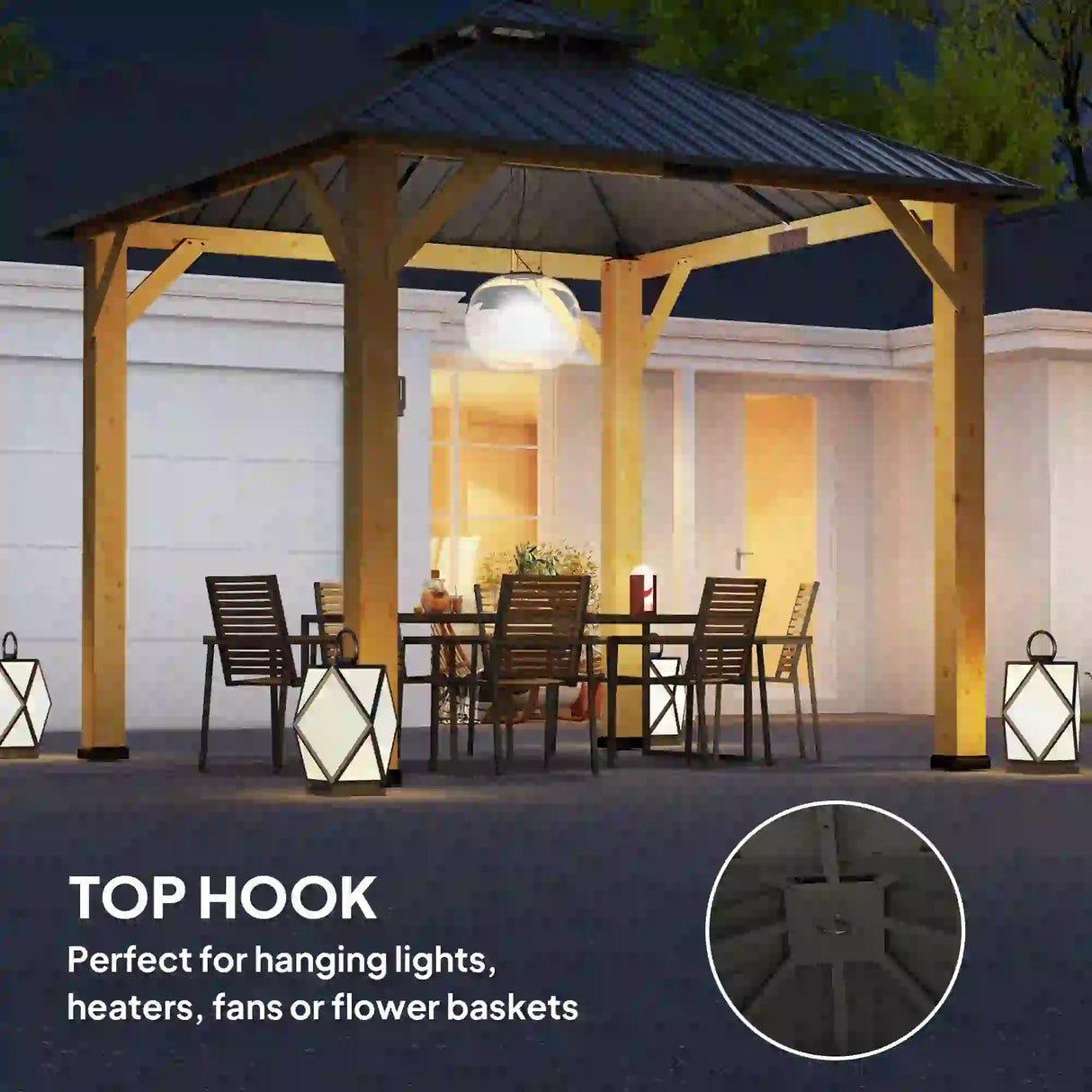 3x3M Wooden-Style Hardtop Gazebo with 2-Tier Galvanised Steel Roof, Aluminium Posts & Grey Outdoor Patio Canopy Shelter for Garden, Decking and Pergola Spaces