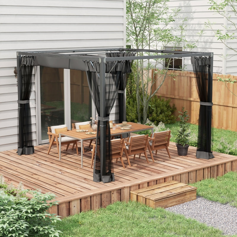 3m x 3m Aluminium Pergola – Dark Grey Retractable Canopy Roof with Mesh Curtains, Outdoor Patio Garden Shelter + Ground Fixings