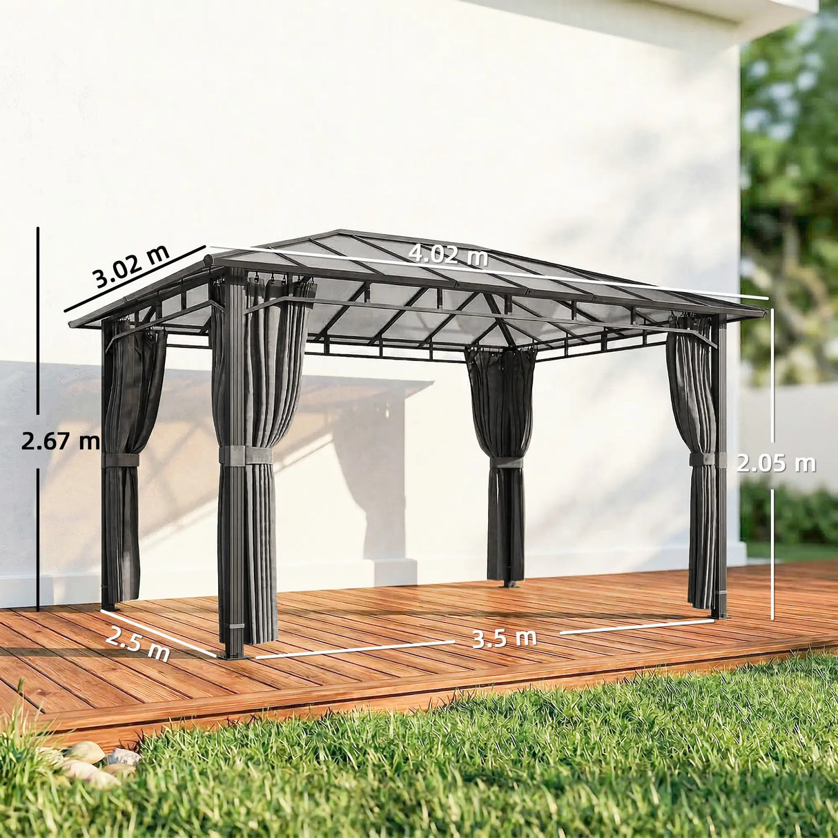 3m x 4m Hardtop Gazebo with 6 mm Polycarbonate Roof, Aluminium Permanent Garden Pavilion with Curtains, Dark Grey Outdoor Patio Canopy for Sun, Rain & Privacy