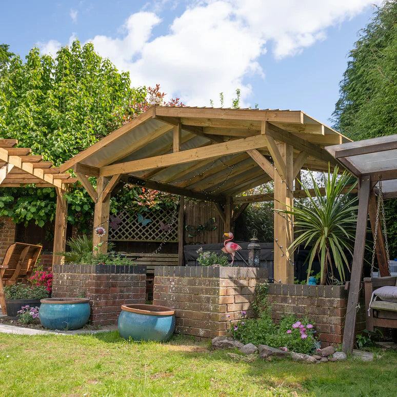 Wooden Apex Gazebo with Treated Featheredge Roof & Overhang - Premium Garden Gazebo
