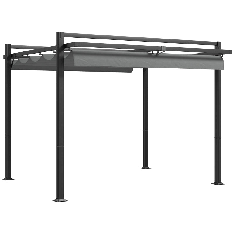 3m x 3m Retractable Roof Aluminium Pergola – Dark Grey Patio Gazebo Shelter with Drainage Grommets, Ground Fixings & Outdoor Shade Canopy