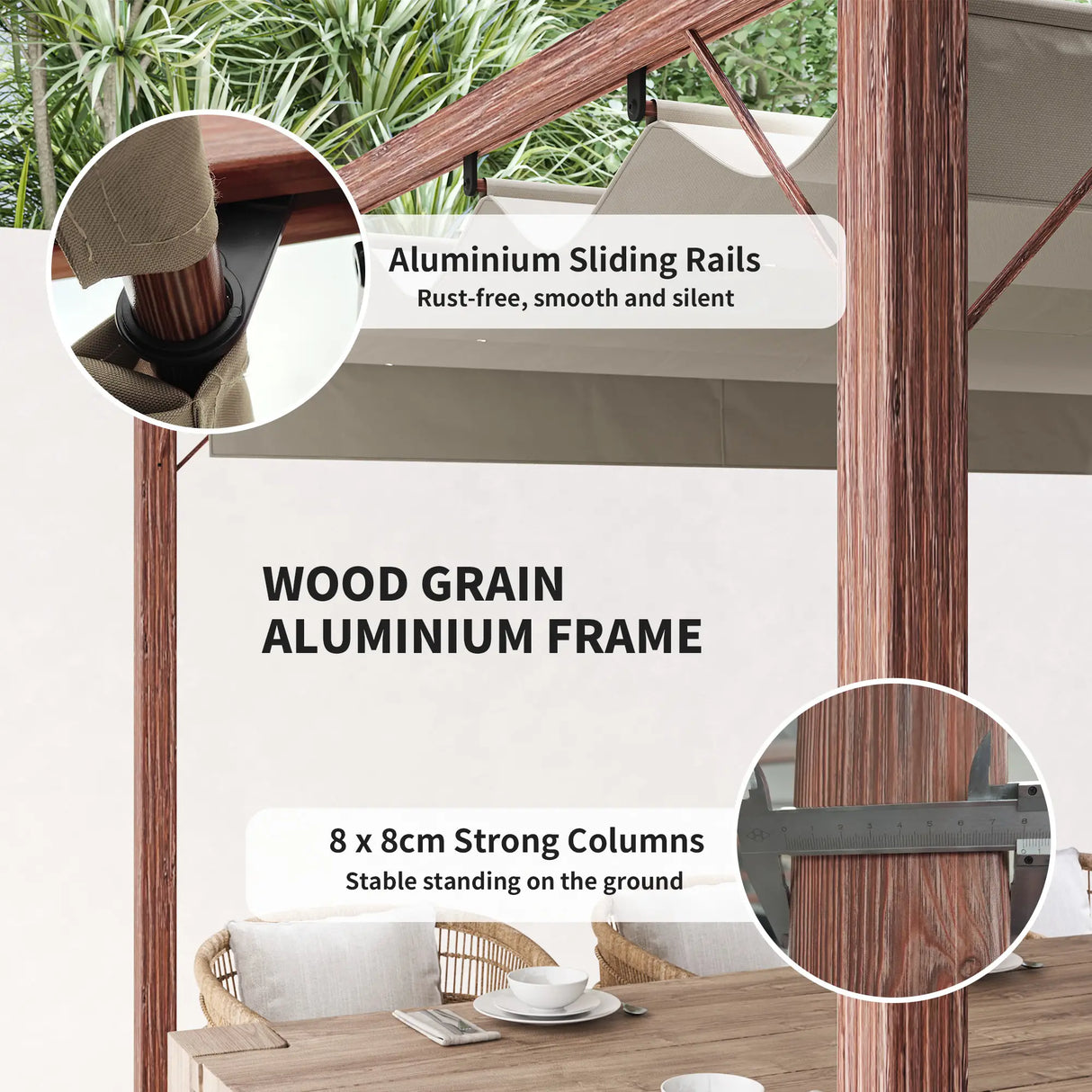 3m x 3m Aluminium Pergola – Retractable Canopy Roof, Wood Effect