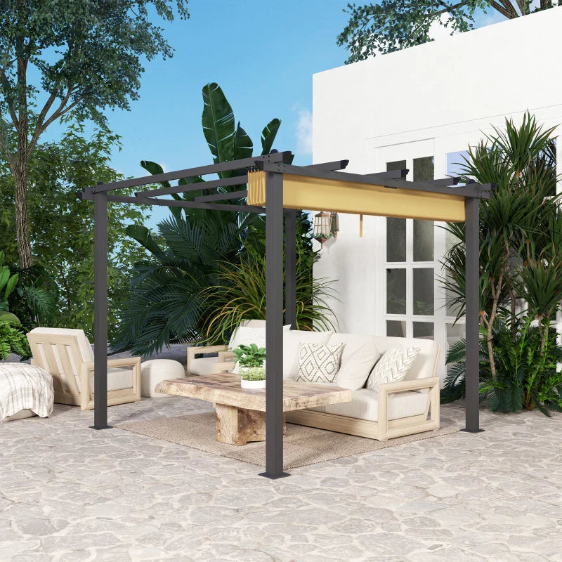 3m x 3m Aluminium Pergola – Khaki Retractable Canopy Roof, Outdoor Patio Shade Shel