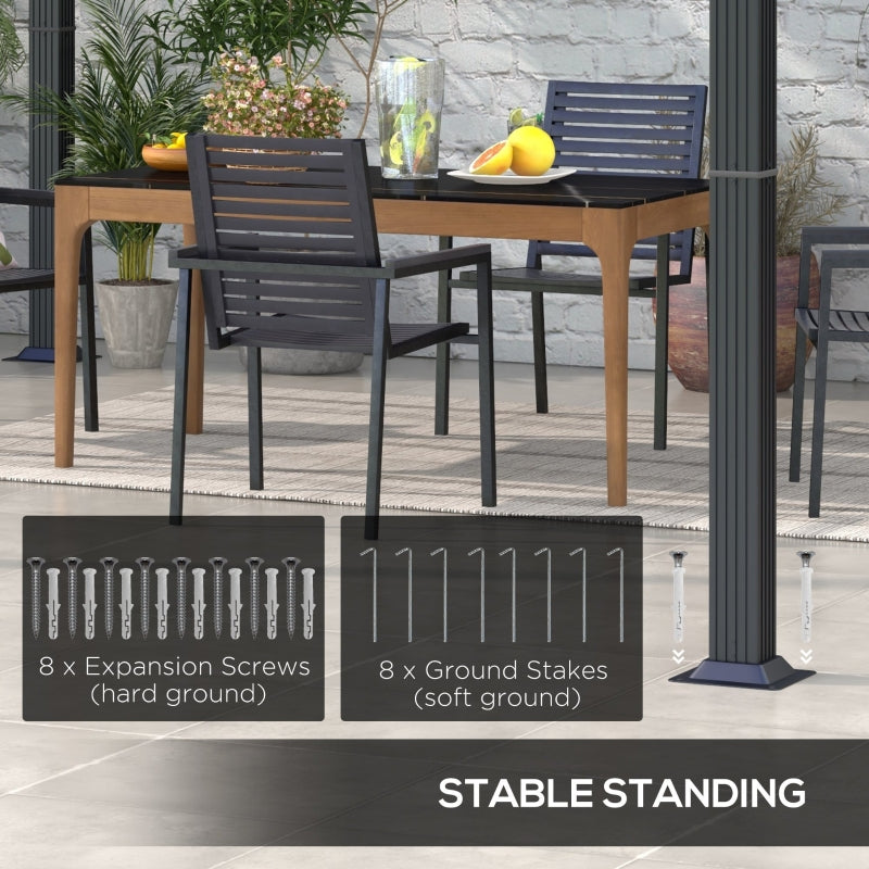 3m x 3m Retractable Roof Aluminium Pergola – Dark Grey Patio Gazebo Shelter with Drainage Grommets, Ground Fixings & Outdoor Shade Canopy