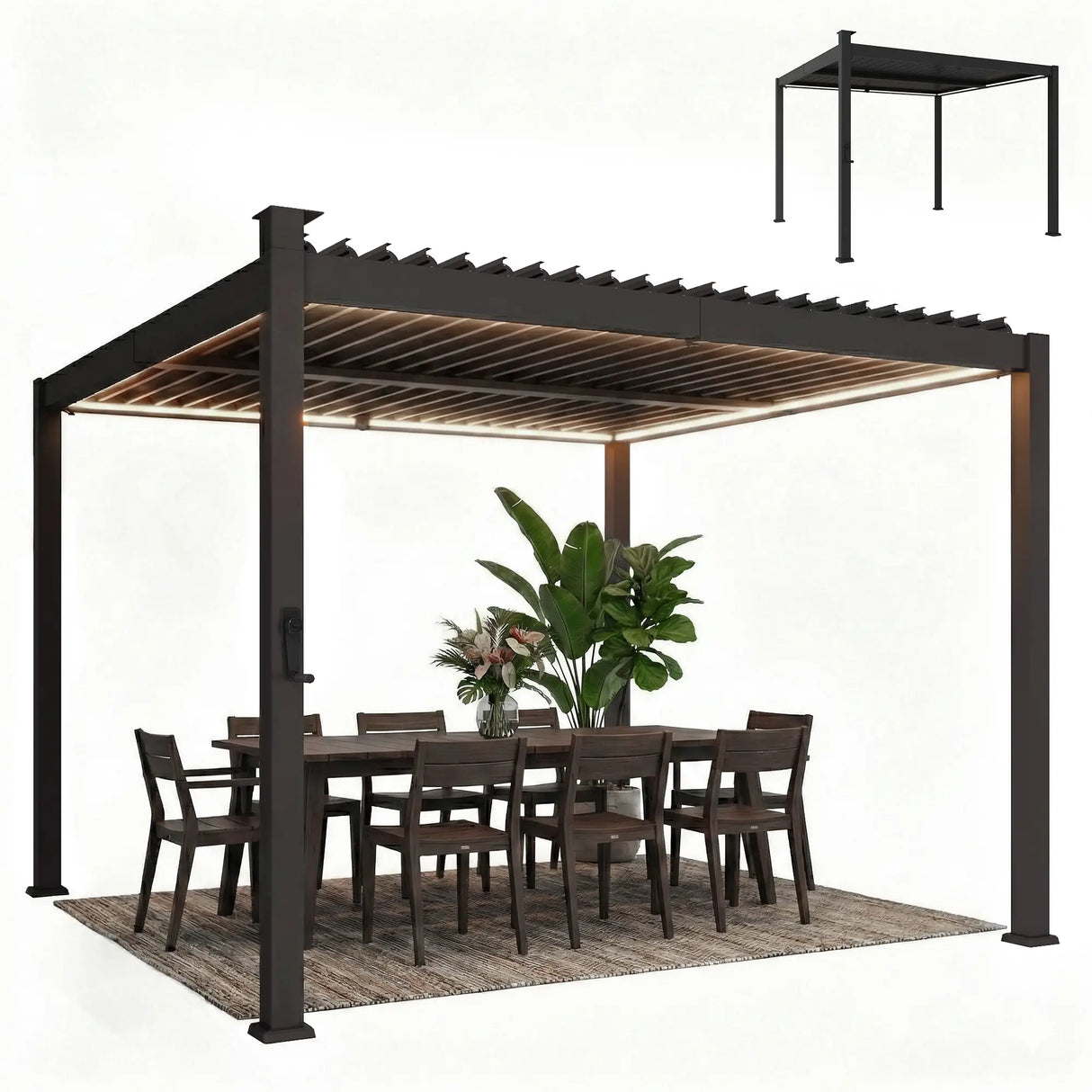 3x3m Black Louvered Pergola with Solar LED Lighting, Waterproof Metal Roof & Built-In Drainage System for Garden Patio