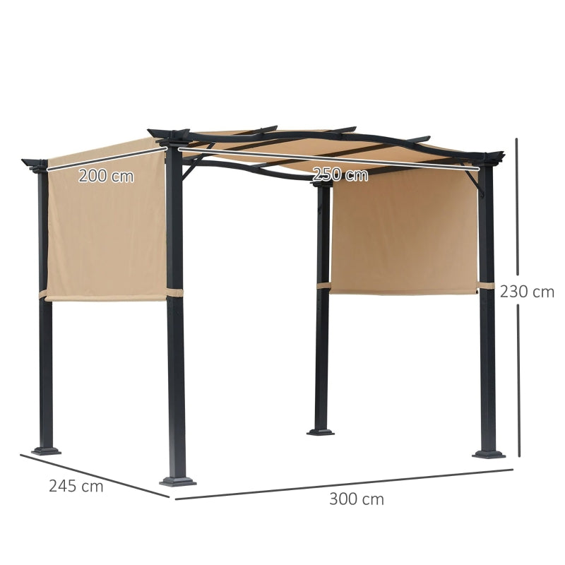2.96m x 2.45m Steel Pergola – Khaki Retractable Double Side Canopy Roof, Adjustable Sun Shade Shelter with UV Resistant Fabric for Patio & Back Garden
