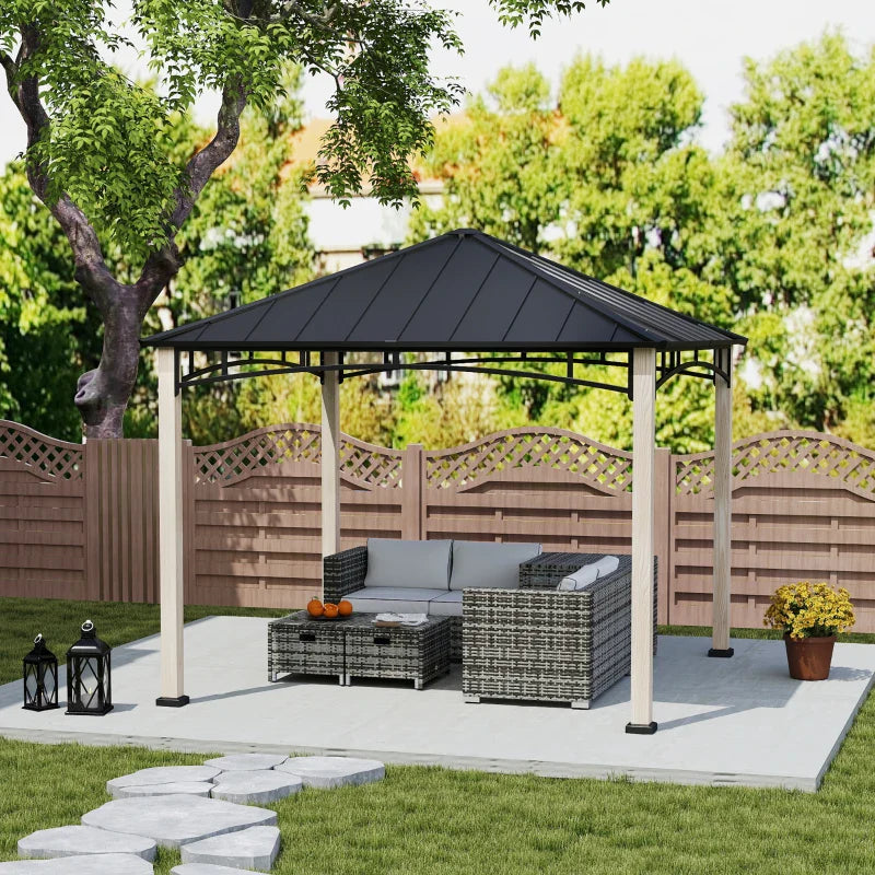 3m x 3m Metal Gazebo – Black Frame with Wood Effect Finish, Outdoor Patio Garden Shelter