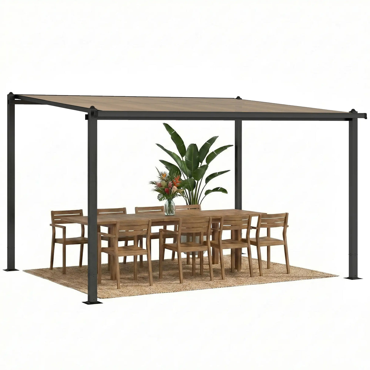 3.6m x 3m Lean-To Metal Pergola with Polycarbonate Hardtop Roof & Drainage Gutters – Aluminium Wall-Mounted Gazebo Patio Cover, Modern Outdoor Shelter, Dark Grey