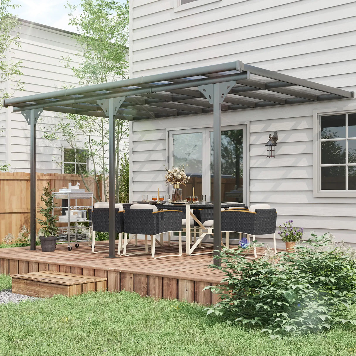 4.35m x 3m Wall Mounted Pergola with Retractable Canopy, Aluminium Frame & Polycarbonate Roof – Grey Patio Cover