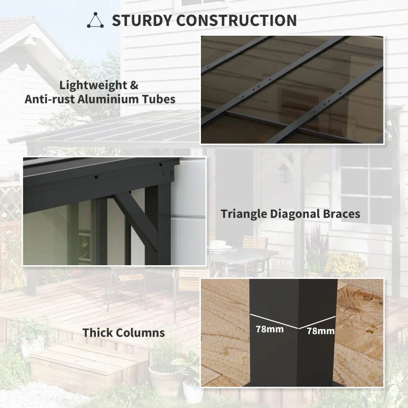 3m x 3m Metal Pergola – Dark Grey Waterproof Polycarbonate Roof UPF50+, Wall Mounted or Freestanding Garden Gazebo, Wind Resistant Sun Shelter