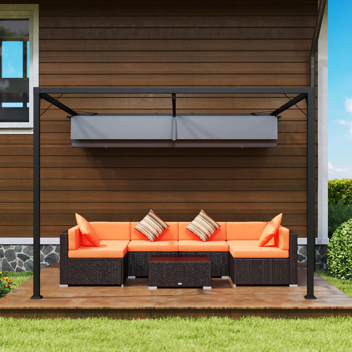 3m x 3m Lean-To Pergola – Grey Retractable Canopy Roof, Wall Mounted Outdoor Patio Shade Shelter