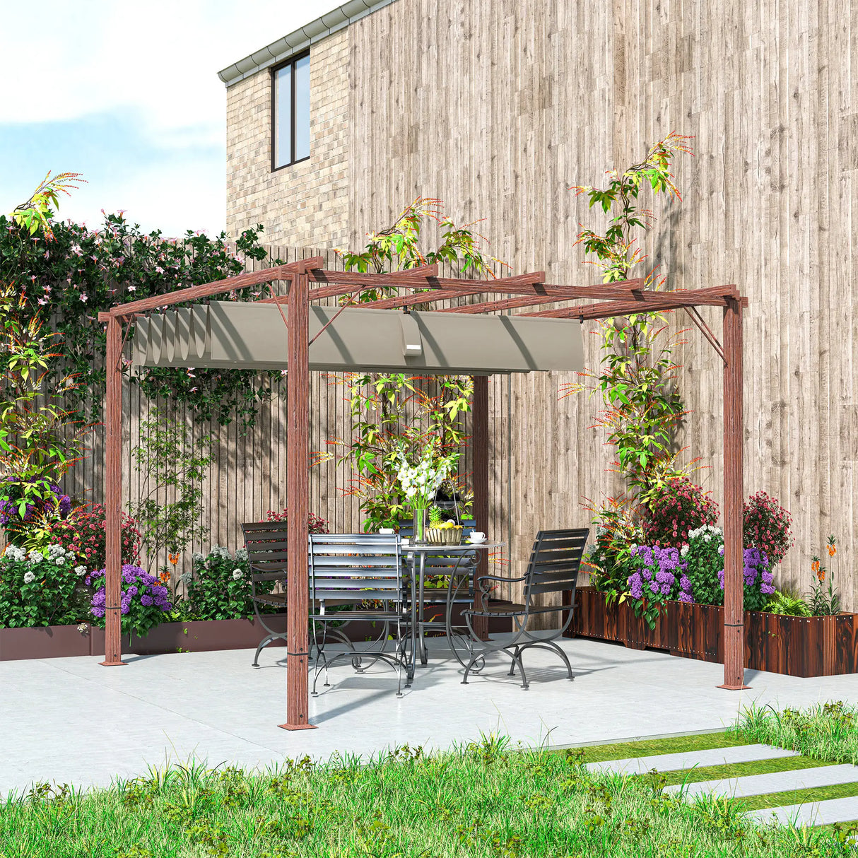 3m x 3m Aluminium Pergola – Retractable Canopy Roof, Wood Effect