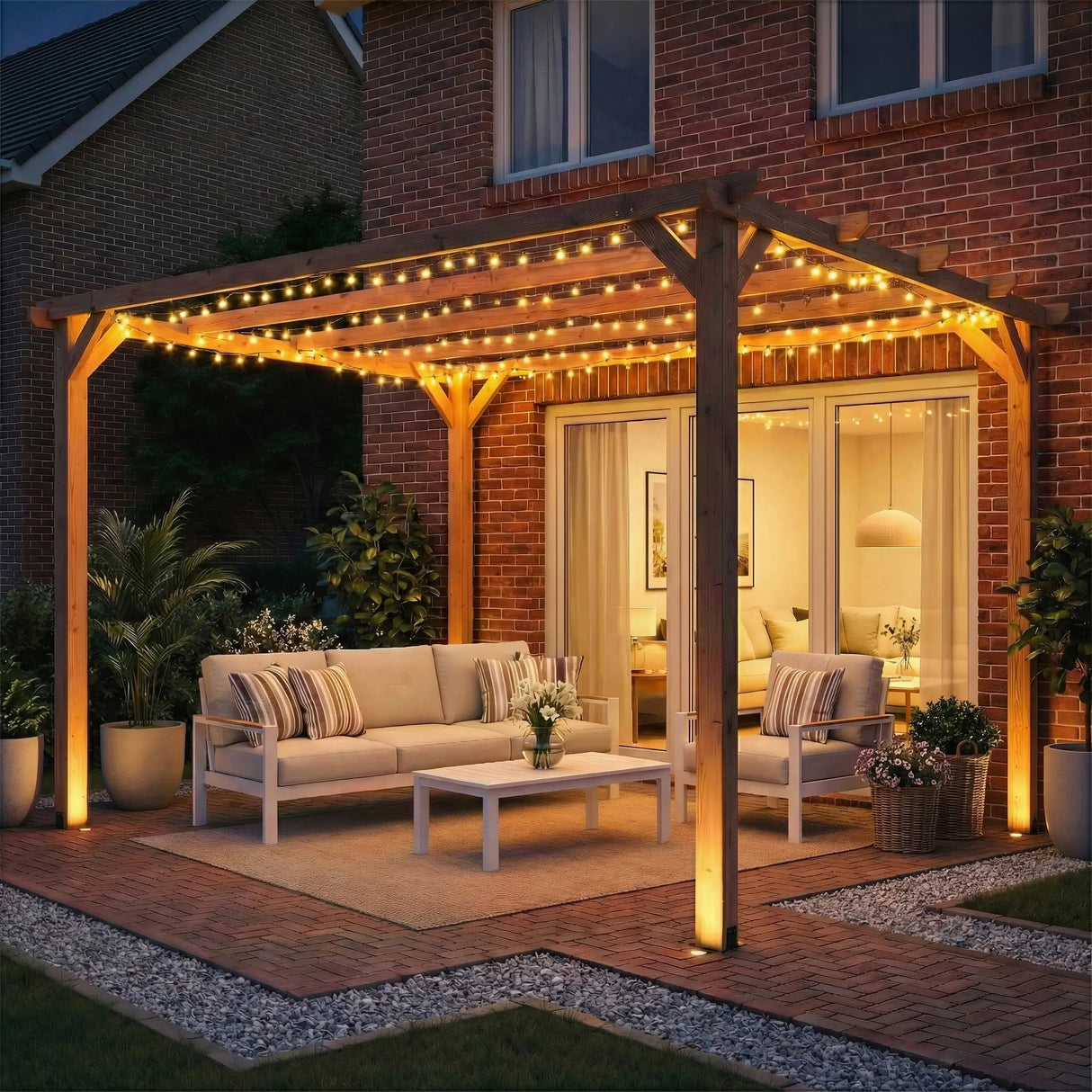 3x3m Wooden Pergola Kit with Triangle Supports – Garden Gazebo Grape Trellis Frame, 5-Beam Maple Wood-Effect Design