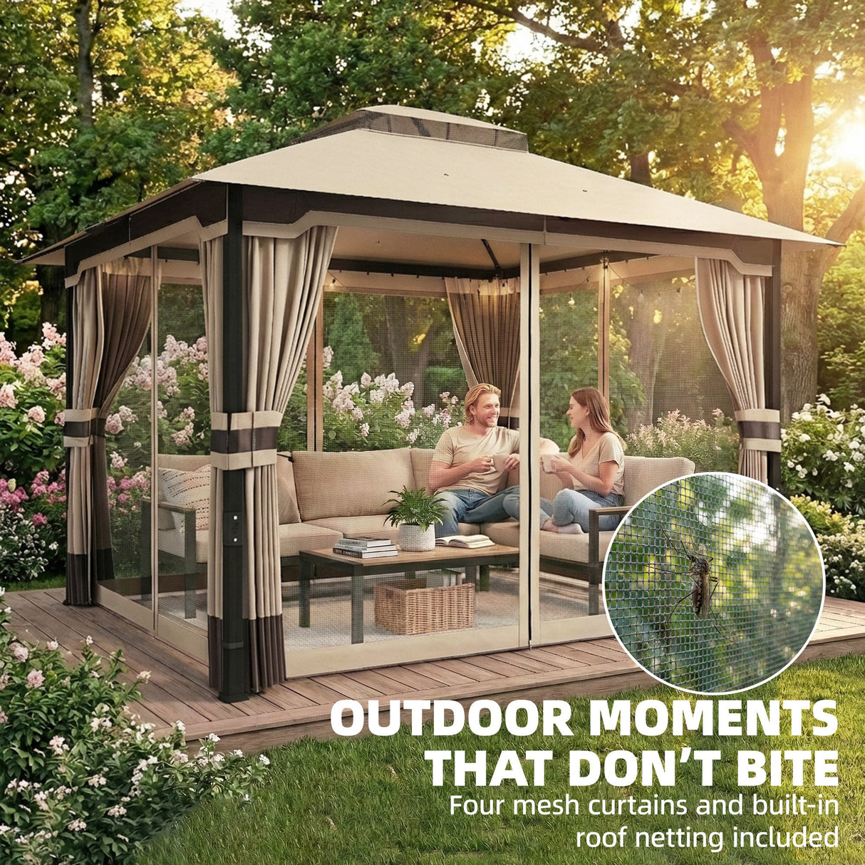 3 x 3.6m Ventilated Double Roof Garden Gazebo with Curtains & Mesh Netting, Heavy Duty Metal Frame Outdoor Patio Pavilion, Khaki