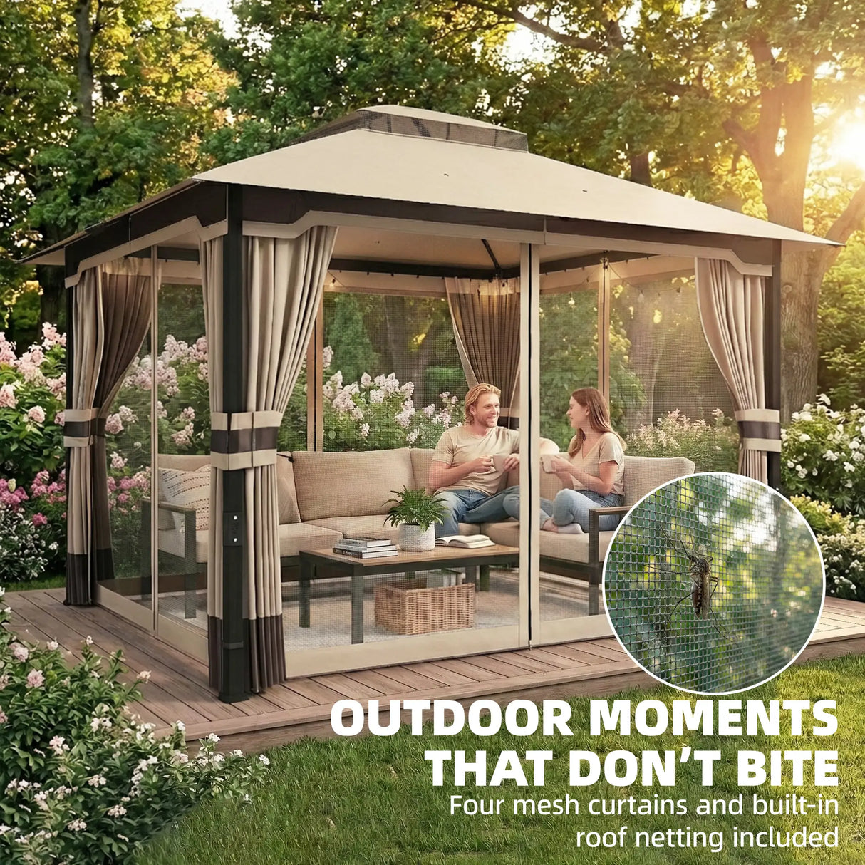 3 x 3.6m Ventilated Double Roof Garden Gazebo with Curtains & Mesh Netting, Heavy Duty Metal Frame Outdoor Patio Pavilion, Khaki