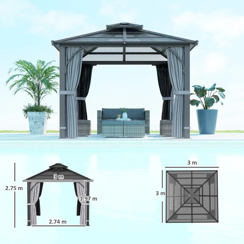 Dark Grey 3m x 3m Hardtop Gazebo - 7mm Double Polycarbonate Roof, Permanent Pavilion with Mosquito Netting and Curtains for Patio and Deck