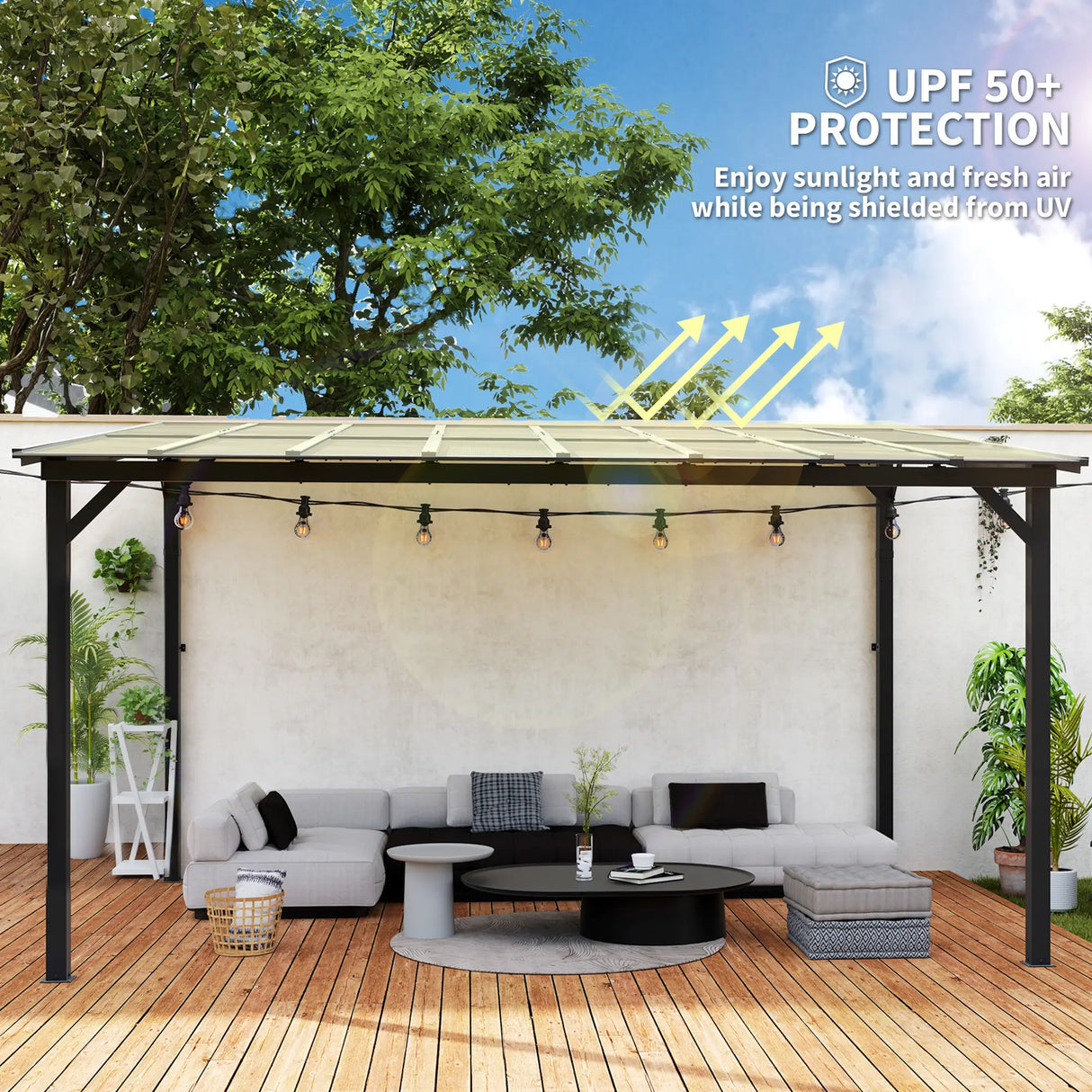3m x 4.3m Metal Pergola – Waterproof Polycarbonate Roof UPF50+, Outdoor Patio Garden Shade Shelter