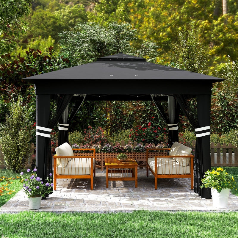 3m x 3m Black Pop Up Gazebo Party Tent with Solar-Powered LED Lights and Adjustable Netting