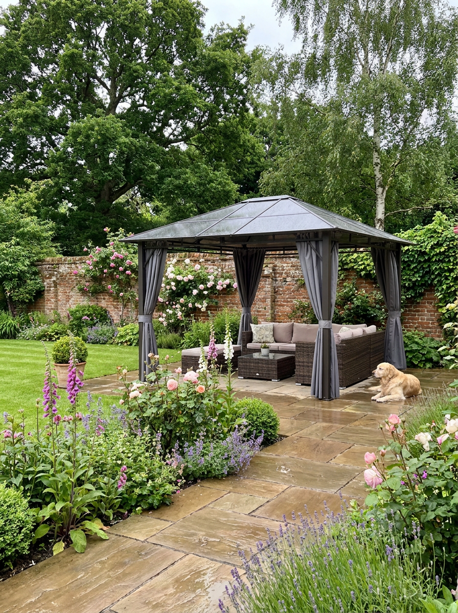 3 x 3.6m Hardtop Gazebo Canopy - Dark Grey Polycarbonate Roof Garden Pavilion with Removable Curtains and Steel Frame