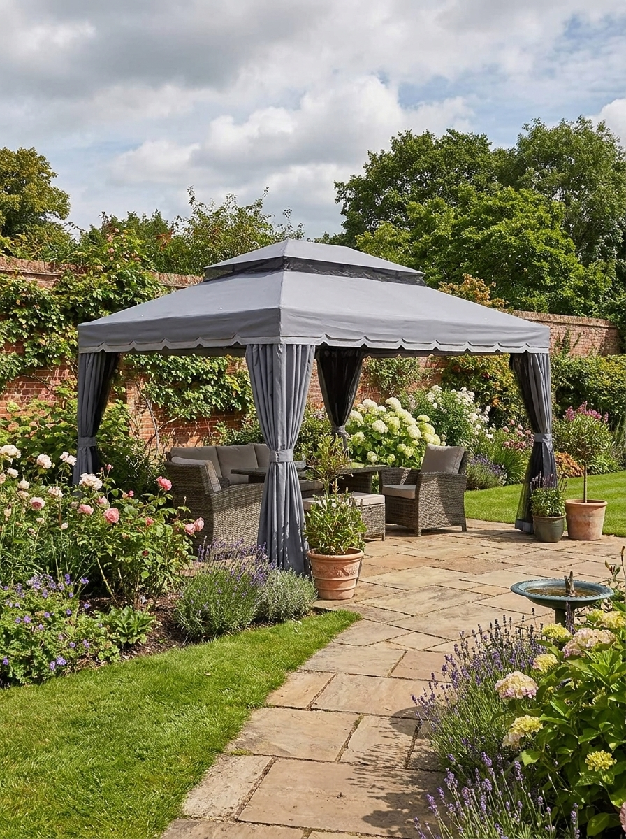 3 x 4m Dark Grey Aluminium Garden Gazebo - Marquee Canopy Shelter Pavilion Tent with Nets and Curtains for Outdoor Parties
