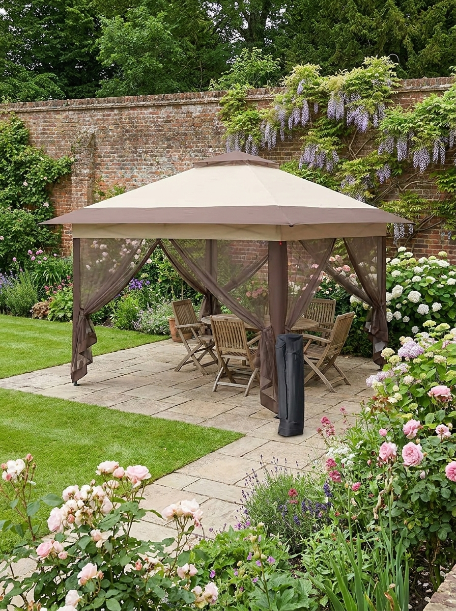 3.6m x 3.6m Khaki Pop Up Gazebo with Netting - Height Adjustable Instant Canopy Party Tent