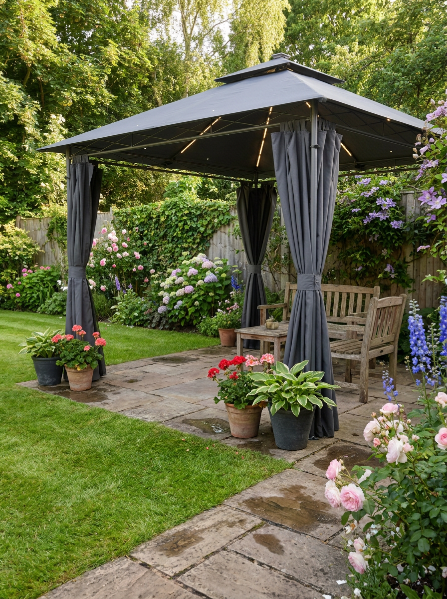 3 x 3 m Dark Grey Garden Gazebo with Double Roof, Curtains & Solar-Powered LED Lights - Outdoor Canopy Shelter for Patio & Deck