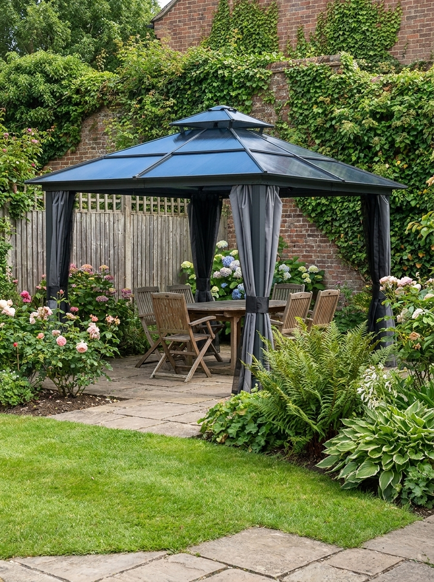 3x3m Premium Hardtop Garden Gazebo with Aluminium & Steel Frame, Polycarbonate Roof, Curtains and Insect Mesh Enclosure