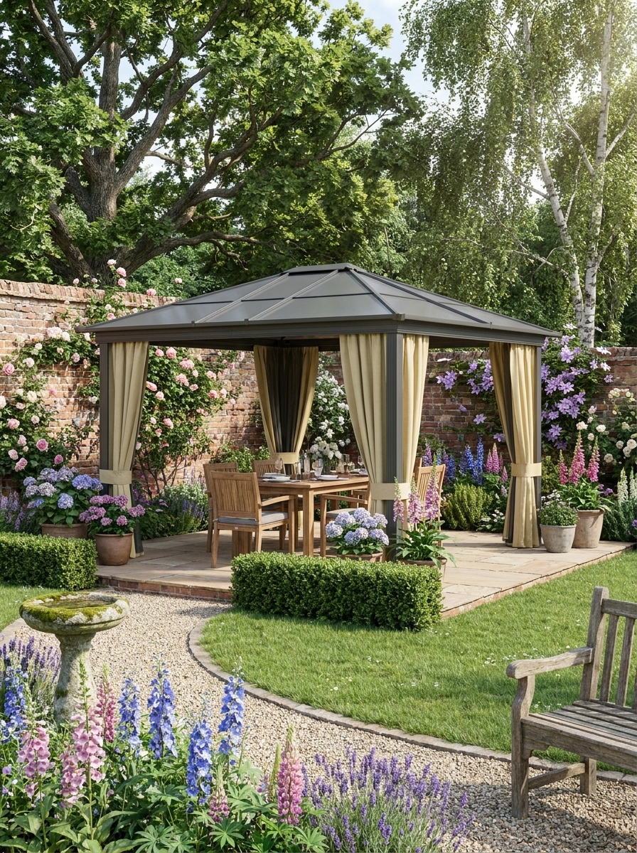 4.2m x 3.6m Aluminium Hardtop Gazebo with Polycarbonate Roof - Garden Pavilion with Curtains & Mosquito Netting