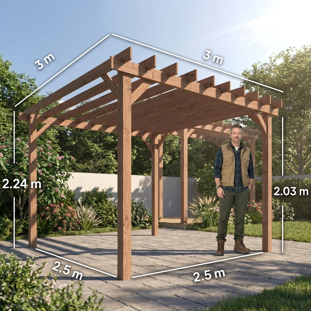3m x 3m Wooden Pergola Kit - Maple Wood-Effect Garden Pergola Gazebo with Grape Trellis Roof and Triangle Supports