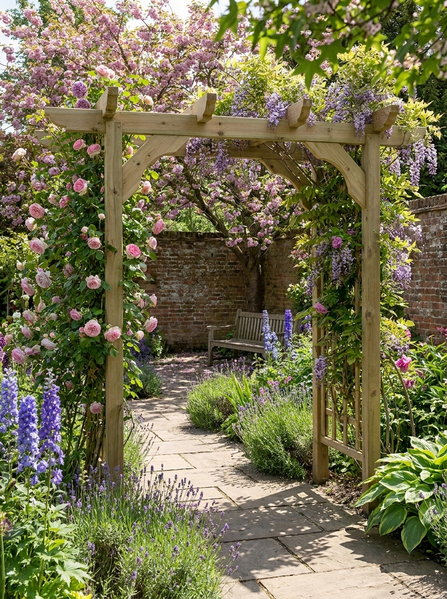 Corbel Double-Beam Timber Pergola & Climbing Plant Arbour – Decorative Garden Structure with Sculpted Braces