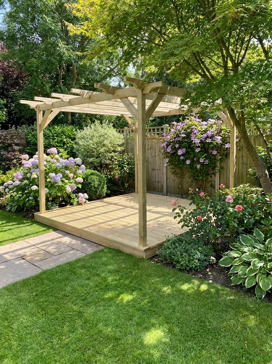 Sculpted Wooden Pergola and Decking Kit