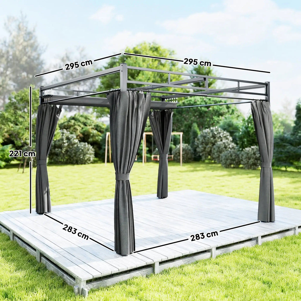 3m x 3m Pergola with Retractable Roof Canopy – UPF30+ Garden Gazebo with Curtains, Heavy-Duty Metal Frame Outdoor Sun Shade in Dark Grey