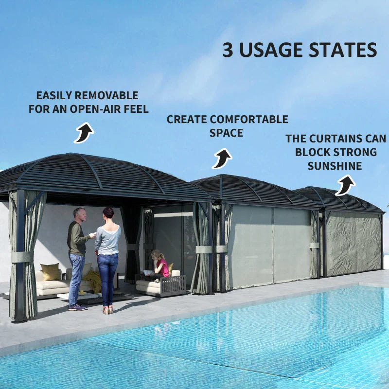 3m x 4m Hardtop Gazebo Canopy - Dark Grey Aluminium Pavilion with Metal Roof, Netting & Curtains