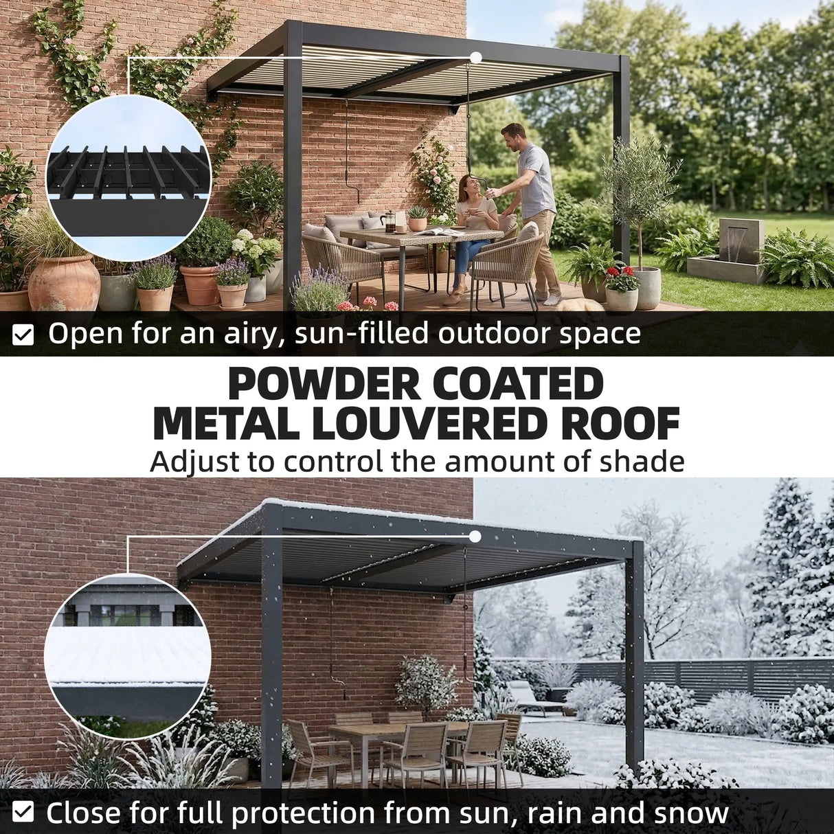 3x3m Wall Mounted Louvered Pergola with LED Lights, Aluminium Frame & Adjustable Metal Roof – Dark Grey Patio Gazebo