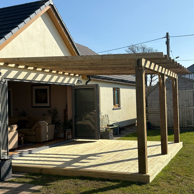 Wooden Lean-To Pergola with Open Slat Roof - Outdoor Garden Pergola Structure
