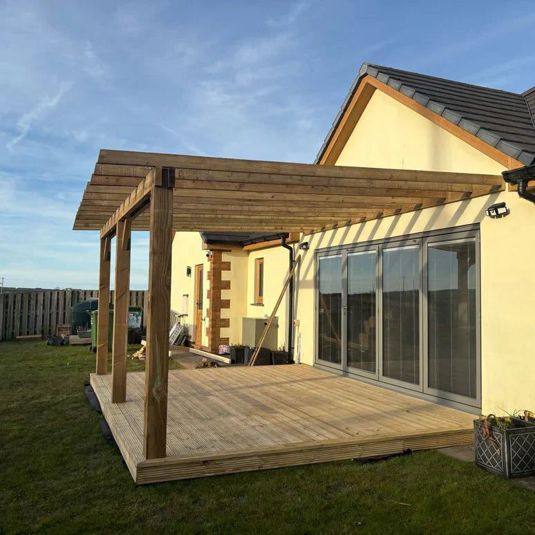 Wooden Lean-To Pergola with Open Slat Roof - Outdoor Garden Pergola Structure