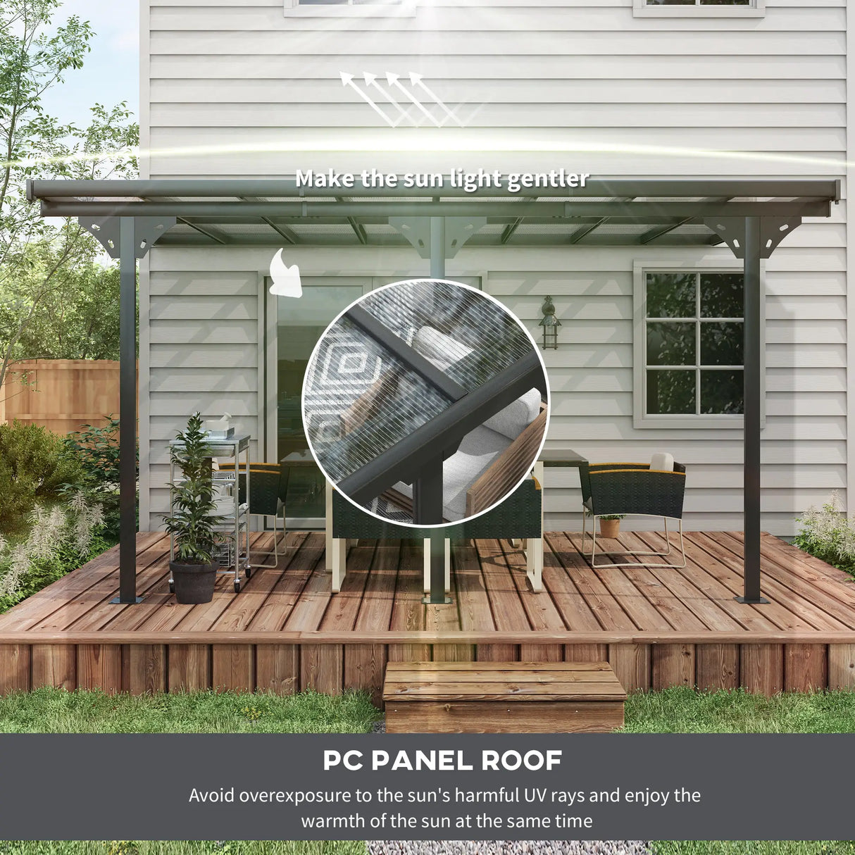 4.35m x 3m Wall Mounted Pergola with Retractable Canopy, Aluminium Frame & Polycarbonate Roof – Grey Patio Cover