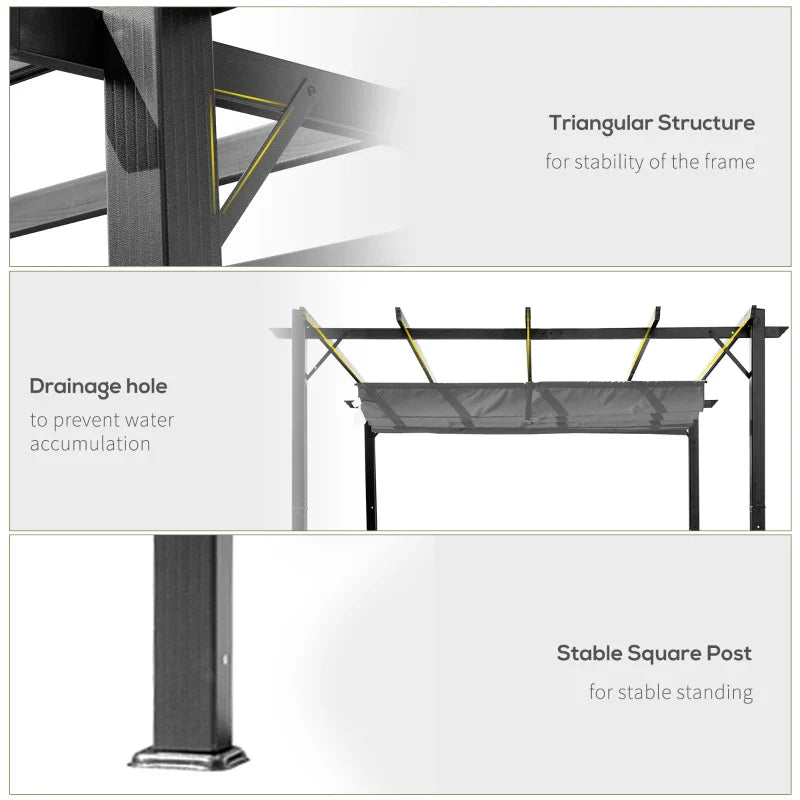 3m x 3m Aluminium Gazebo – Grey Retractable Canopy Roof, Outdoor Patio Shade Shelter