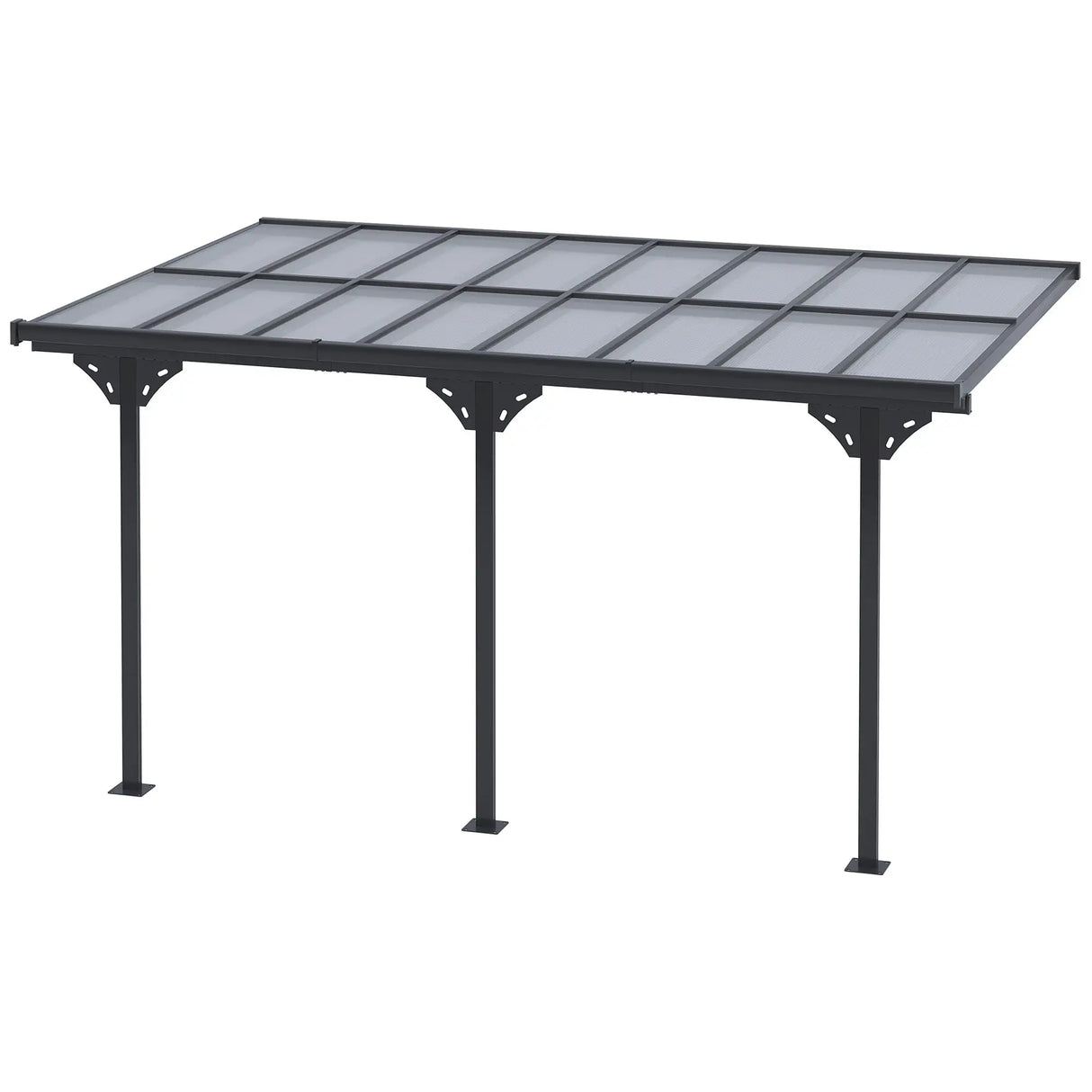 4.35m x 3m Wall Mounted Pergola with Retractable Canopy, Aluminium Frame & Polycarbonate Roof – Grey Patio Cover