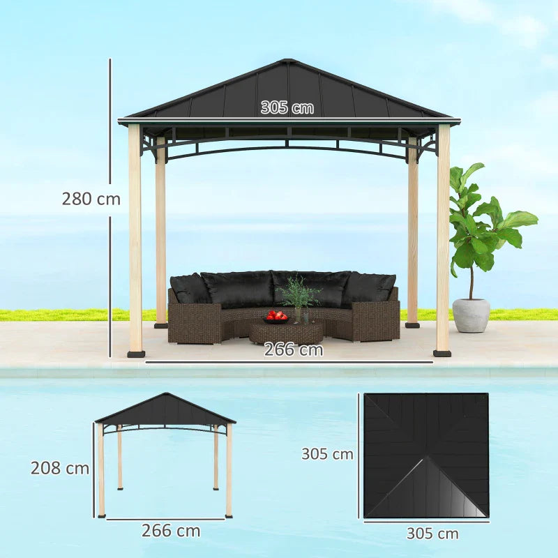 3m x 3m Metal Gazebo – Black Frame with Wood Effect Finish, Outdoor Patio Garden Shelter