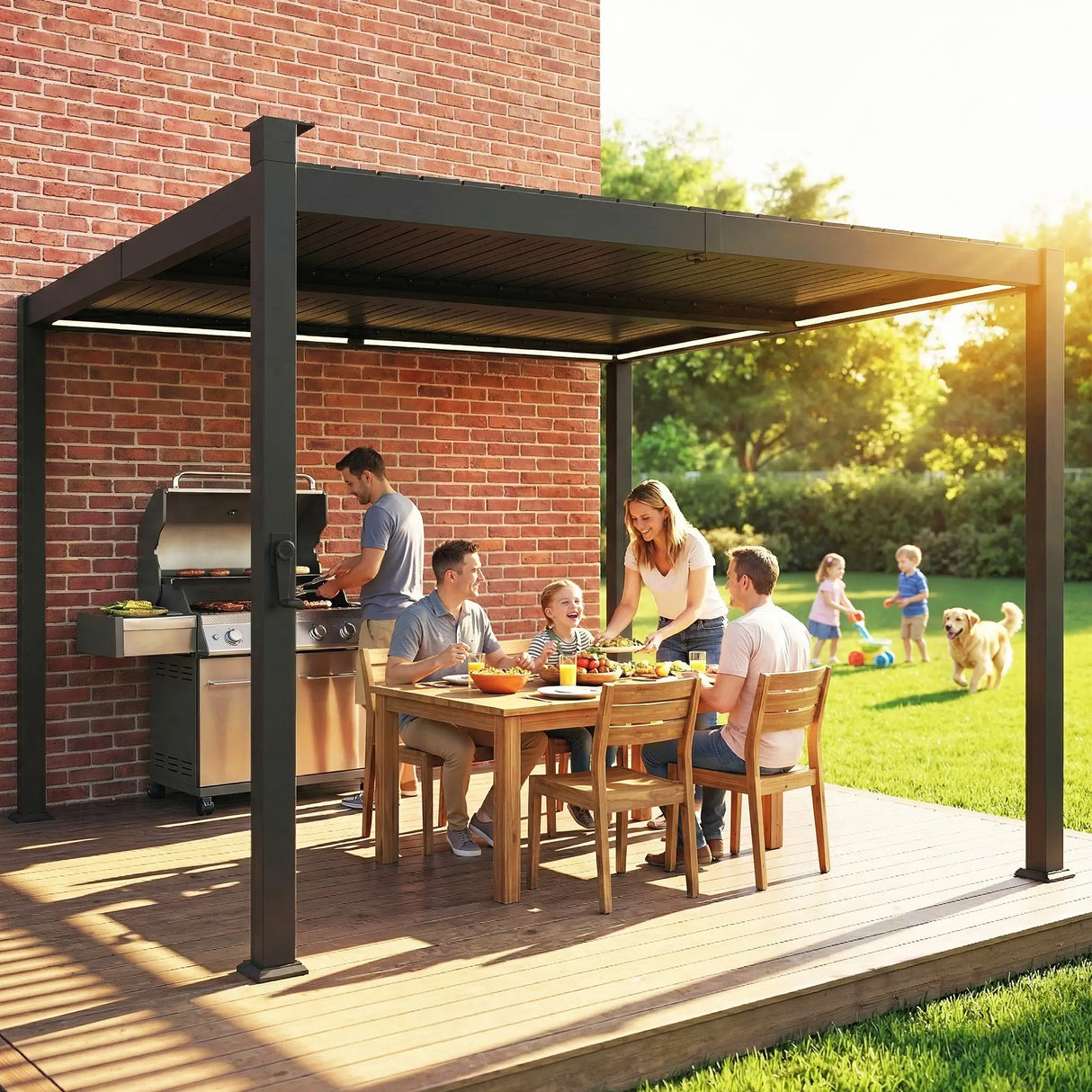3x3m Black Louvered Pergola with Solar LED Lighting, Waterproof Metal Roof & Built-In Drainage System for Garden Patio