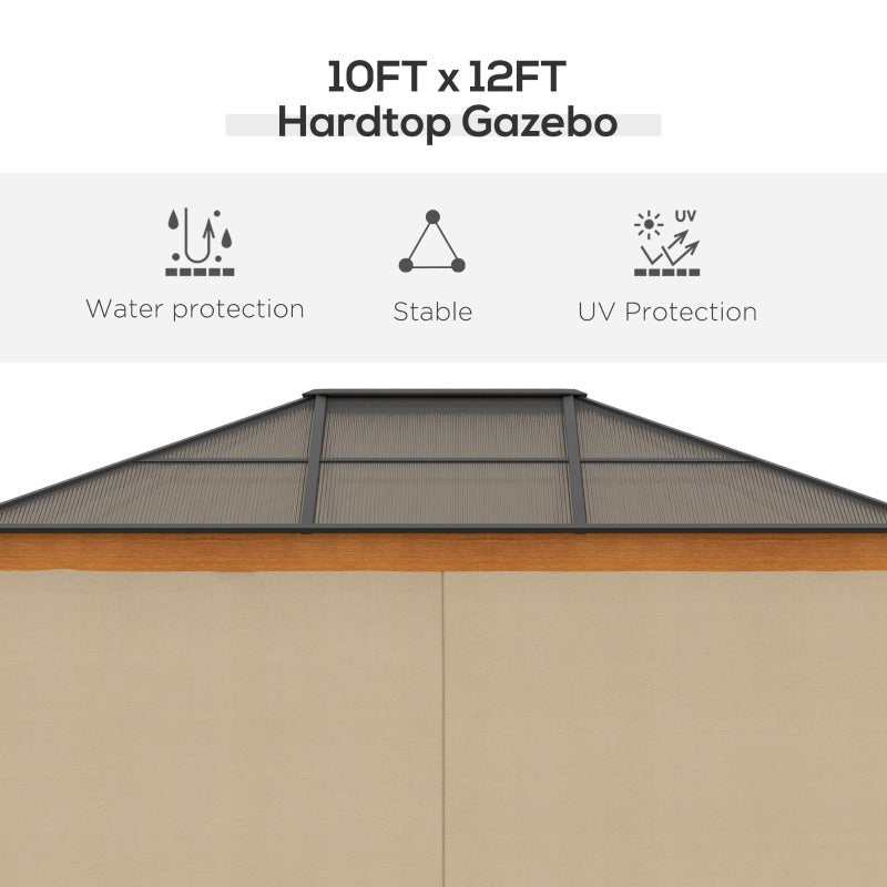 Khaki 3 x 3.6m Hardtop Garden Gazebo with Protective Netting and Convertible Curtains - Trade Warehouse