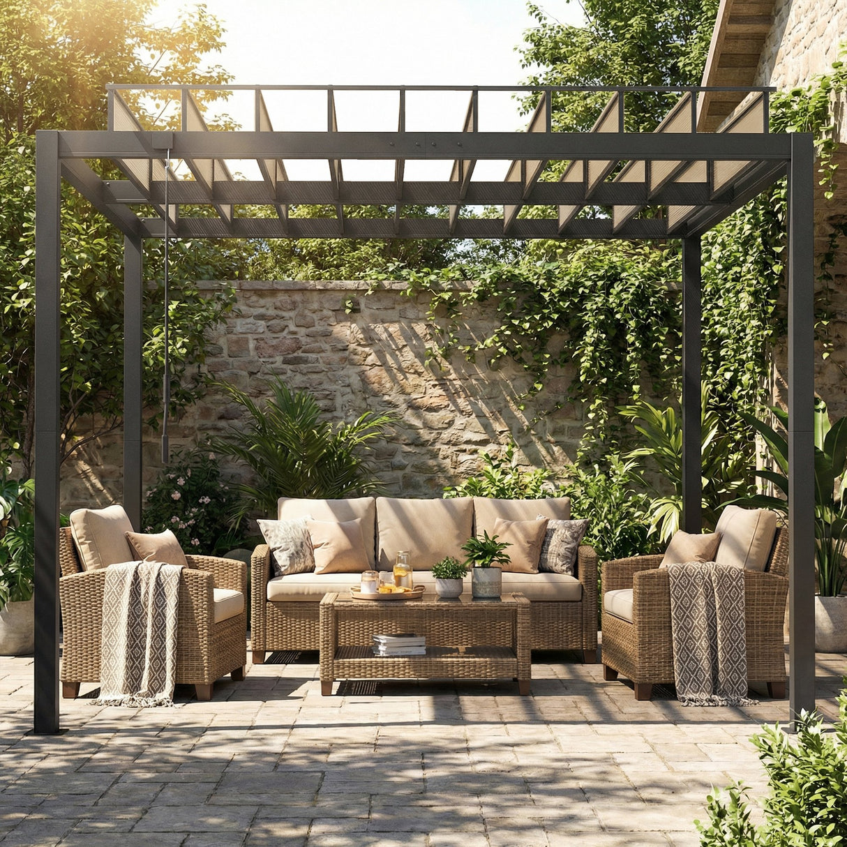 3x3m Aluminium Louvered Pergola with Polycarbonate Roof, Adjustable Panels & Drainage System – Coffee Garden Patio Gazebo