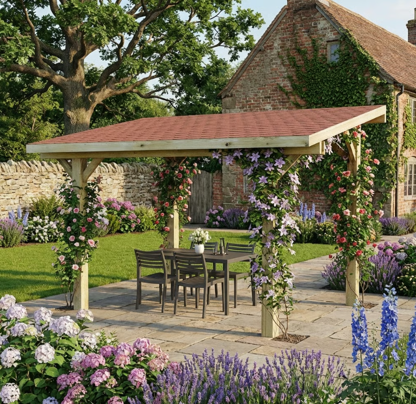 Wooden Lean-To Gazebo with Red Katepal Shingle Roof - Premium Wall-Mounted Garden Gazebo